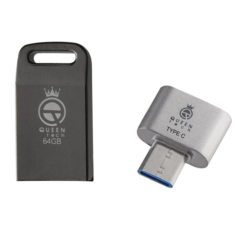 فلش مموری 64 گیگابایت کوئین تک مدل UNIQUE C-PLUS با بدنه فلزی و مبدل USB-C OTG