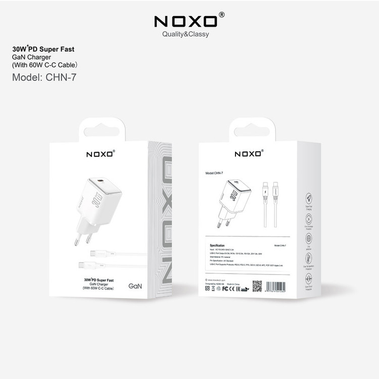 شارژر دیواری 30 وات نوکسو مدل CHN‑7 GaN به همراه کابل usb‑C