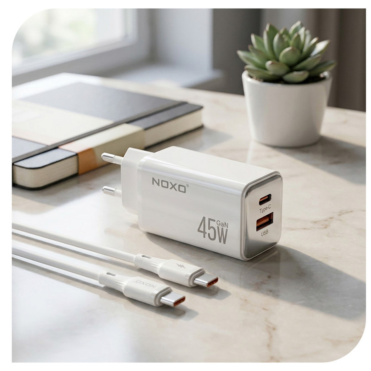 شارژر دیواری 45 وات دو پورت نوکسو مدل CHN‑8 GaN به همراه کابل usb‑C