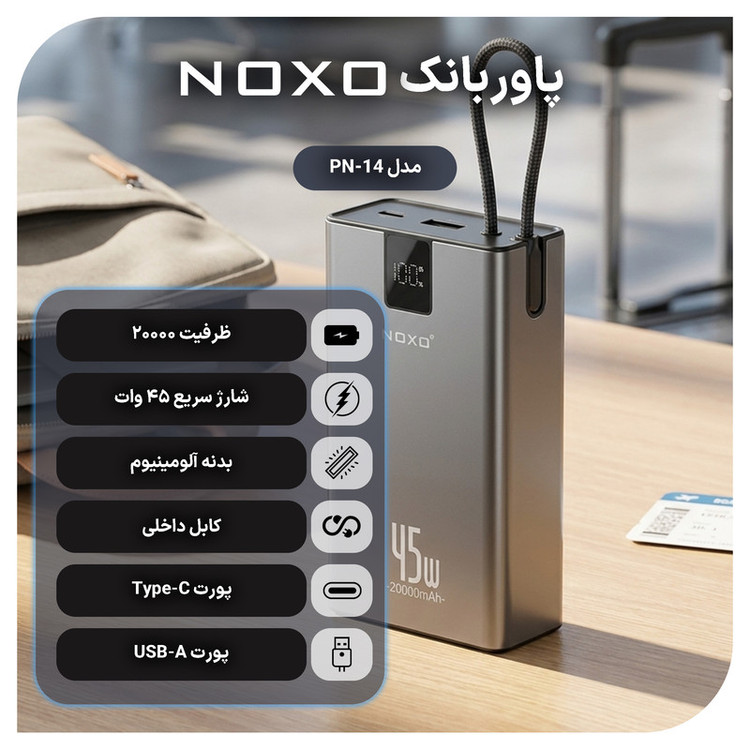 پاوربانک 45 وات نوکسو مدل PN‑14 ظرفیت 20000 میلیآمپرساعت
